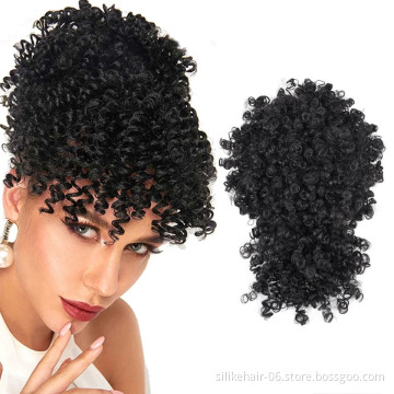 Brown Puff Hair Pieces For Women Short Afro Kinky Curly Chignon With Bangs Drawstring Ponytail Synthetic Hair Bun Extensions
